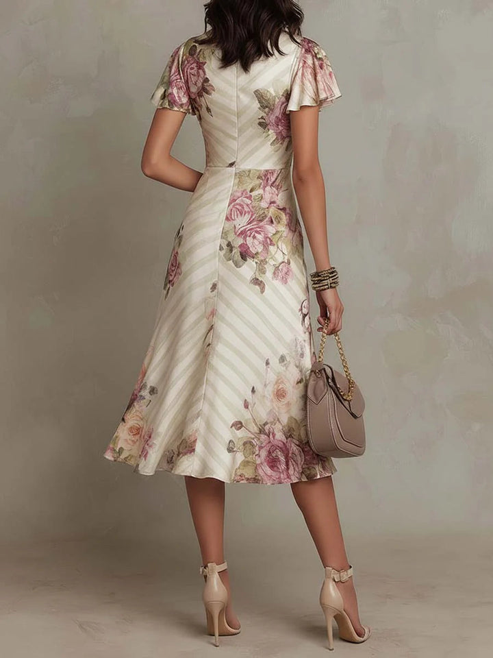 Kylie™ Elegant Retro Floral Satin Midi Dress