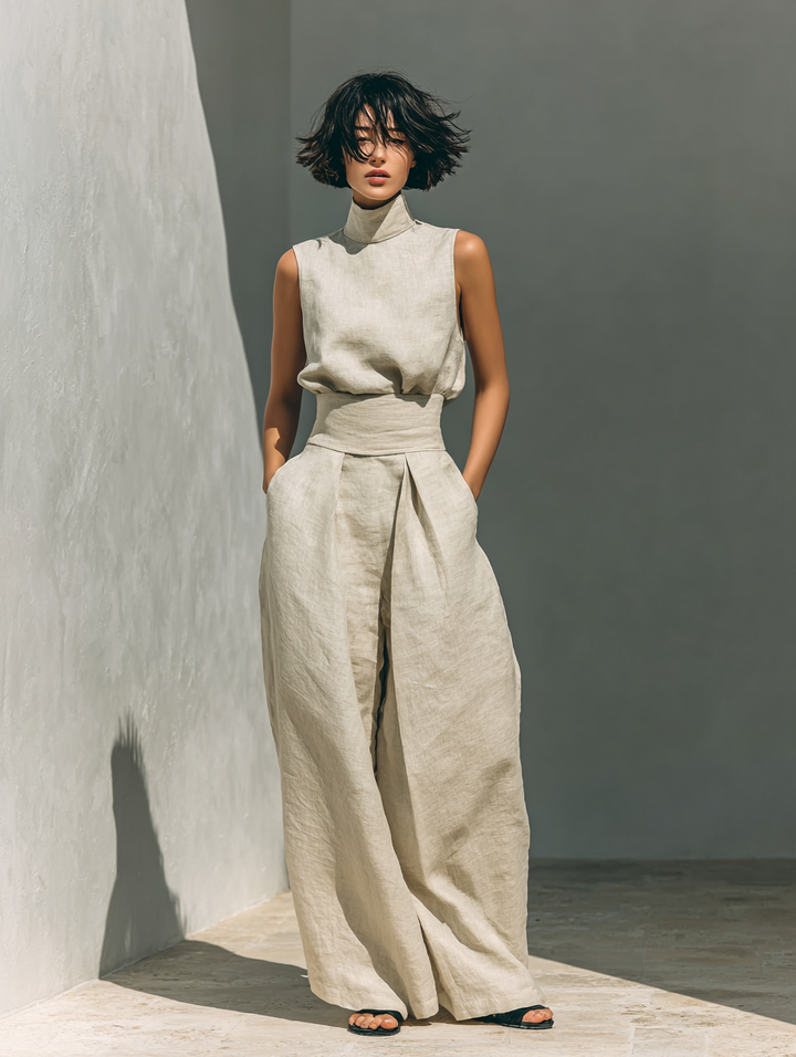 Maria - Minimalist Women's Cotton and Linen Tank Top and Wide-Leg Trousers Set