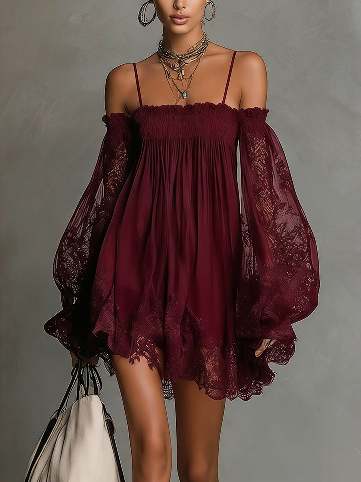 Noemi • Navy Blue Chiffon Mini Dress with Off-Shoulder Neckline, Lace Trim and Sheer Sleeves