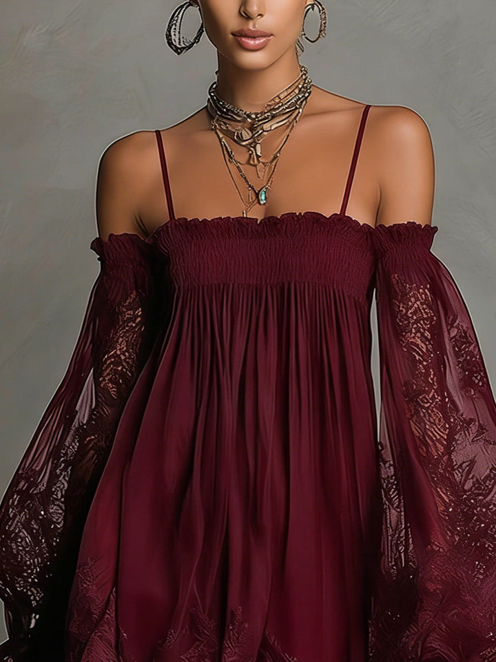 Noemi • Navy Blue Chiffon Mini Dress with Off-Shoulder Neckline, Lace Trim and Sheer Sleeves