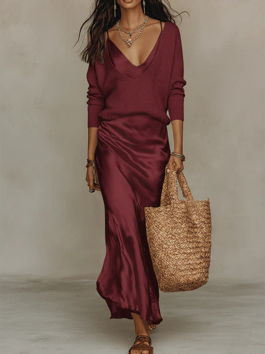 Elena | Satin Midi Dress with Included Sweater