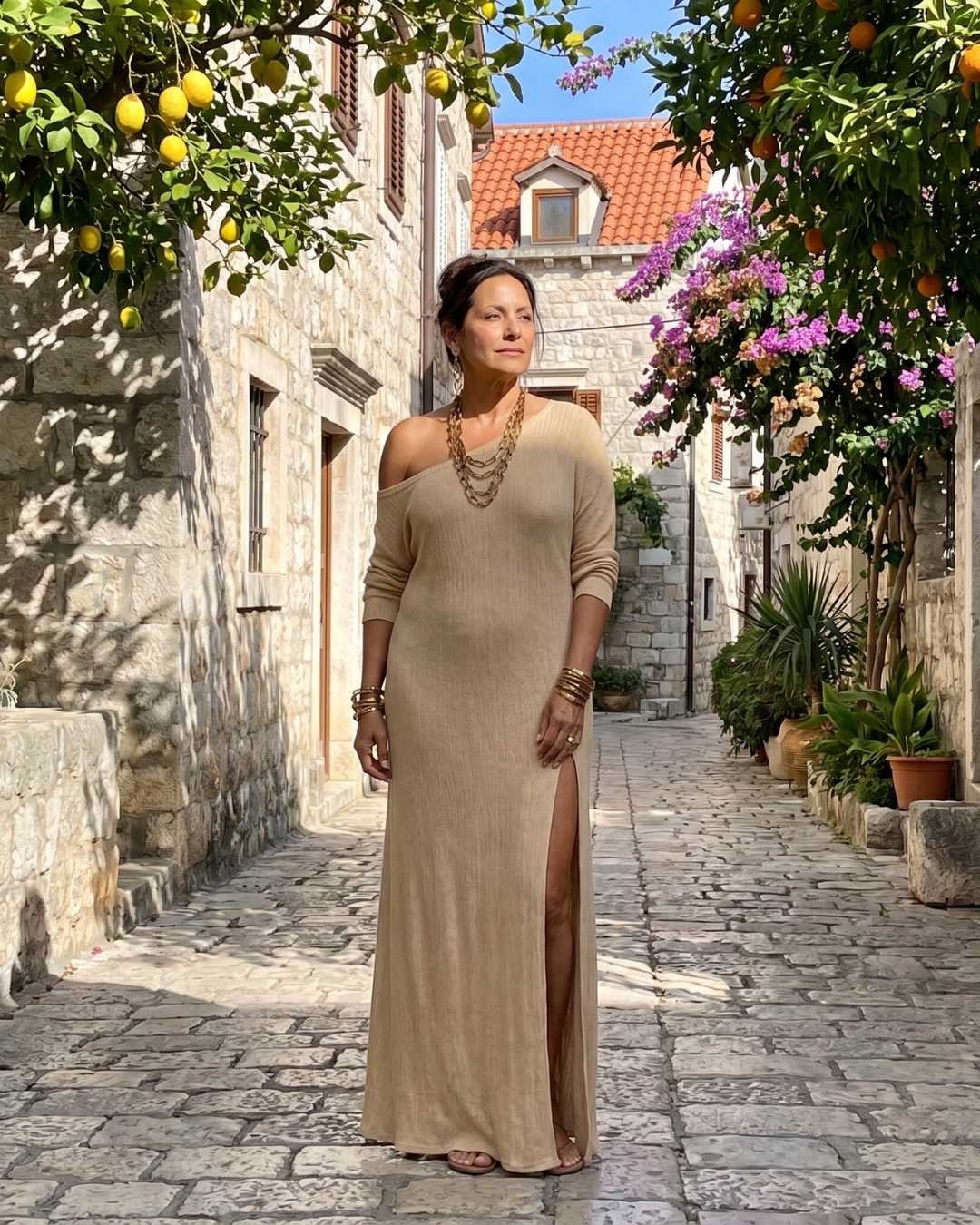 Asterelle | Off-Shoulder Flowy Midi Dress with Side Slit