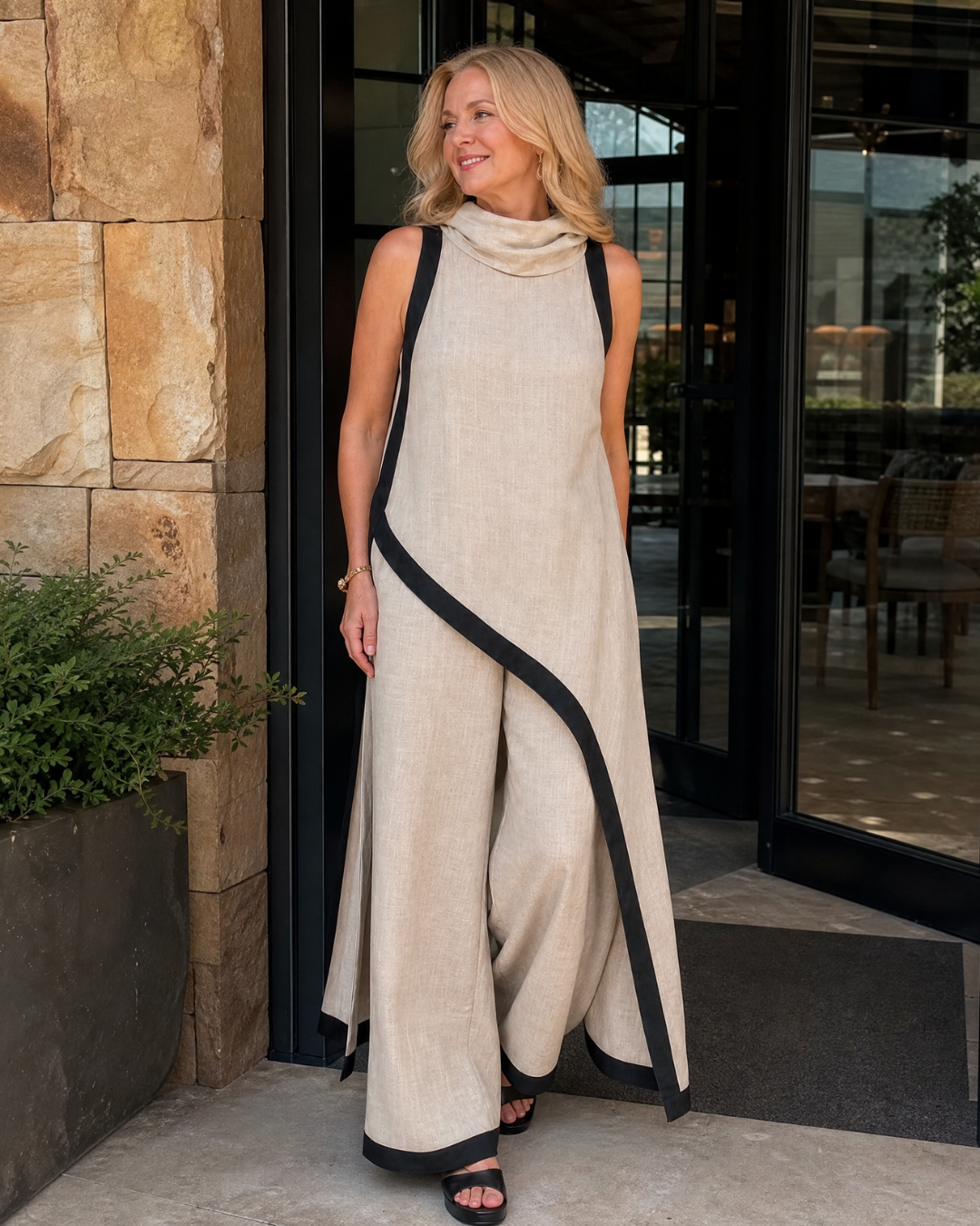 Valthera | Sleeveless Contrast-Trim Layered Top and Wide-Leg Trousers Set