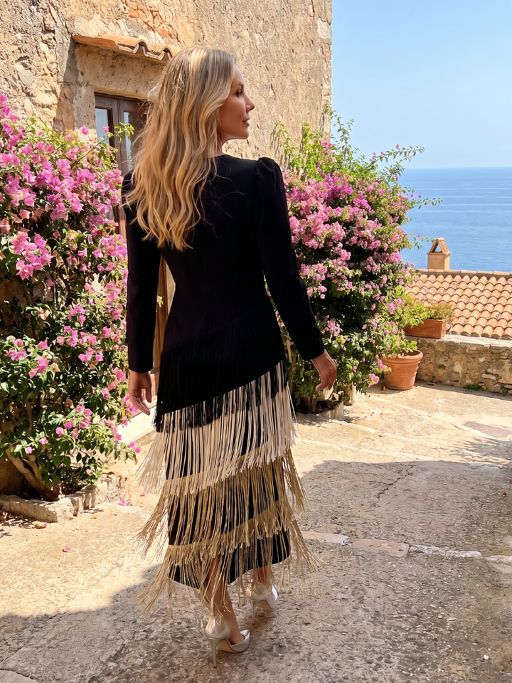 Samara | Long-Sleeve Midi Dress with Soft Fringe