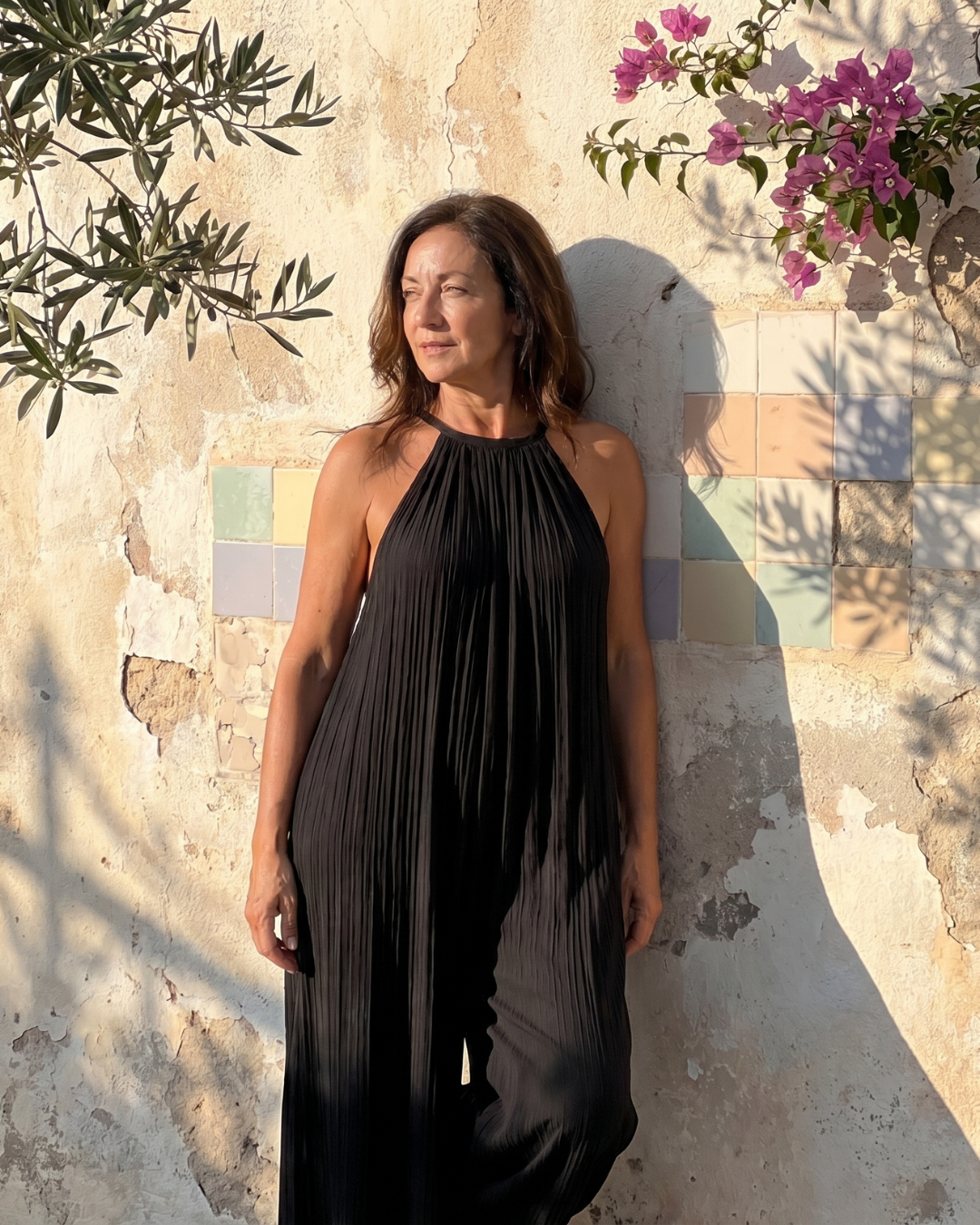 Sylvara | Relaxed Wide-Leg Pleated Halter Neck Jumpsuit