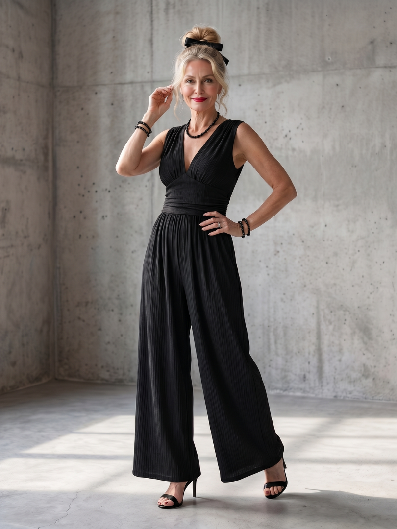Vincenza | High Waist Deep V-Neck Wide-Leg Jumpsuit