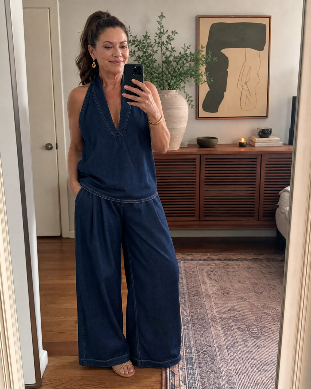 Zorelle | Denim Halter Neck Top and Wide-Leg Trousers