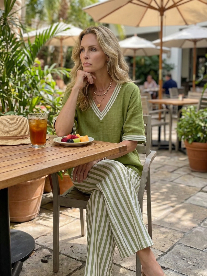 Wren | Contrast V-Neck Tunic and Striped Trousers Set