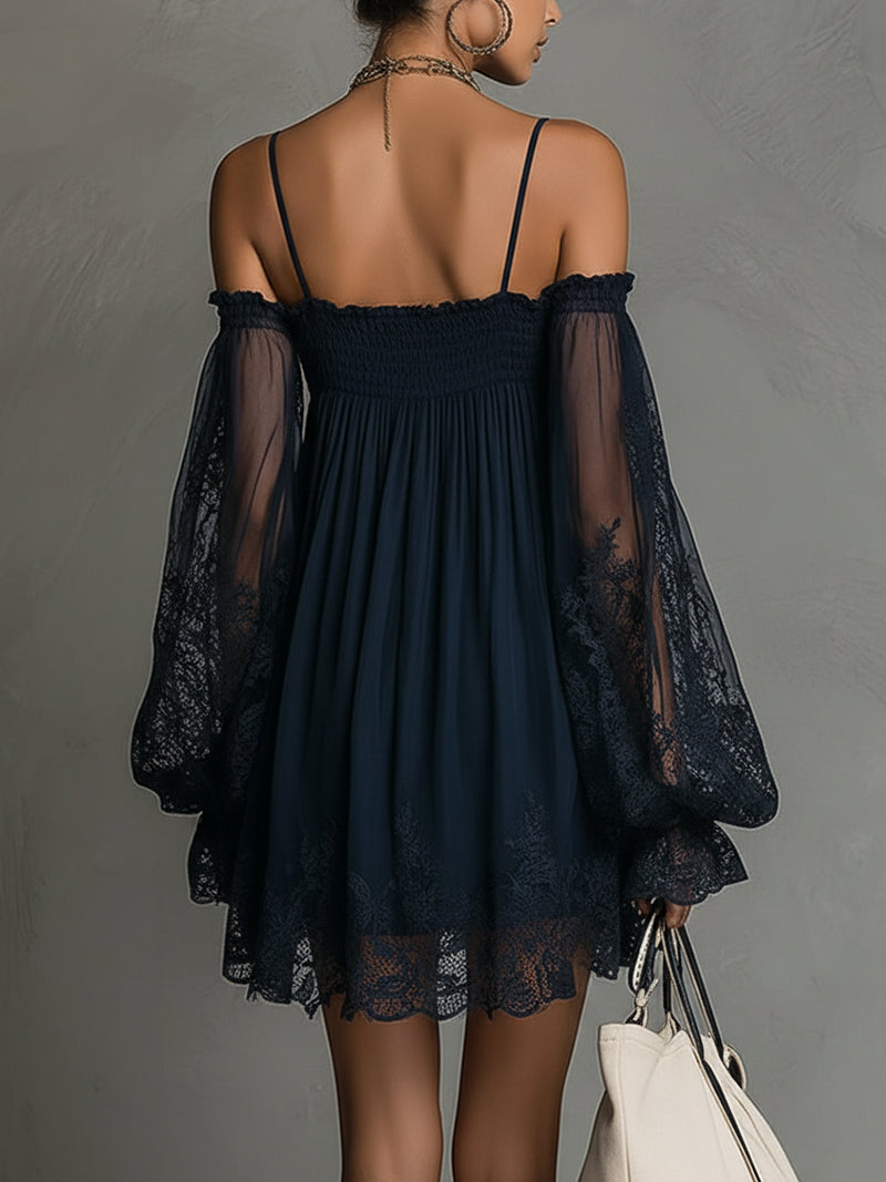 Noemi • Navy Blue Chiffon Mini Dress with Off-Shoulder Neckline, Lace Trim and Sheer Sleeves
