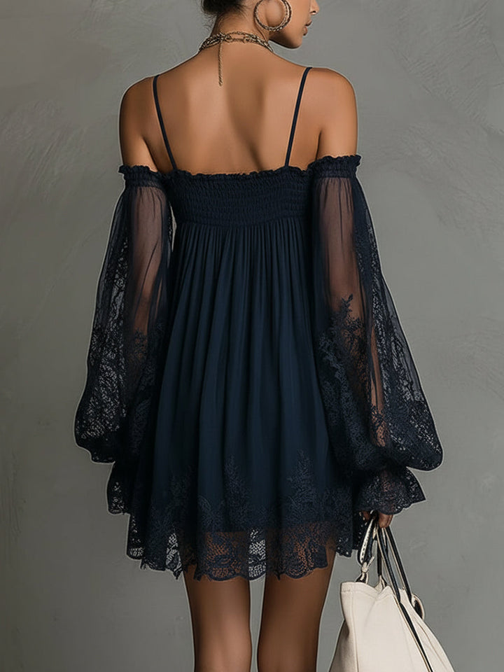 Noemi • Navy Blue Chiffon Mini Dress with Off-Shoulder Neckline, Lace Trim and Sheer Sleeves