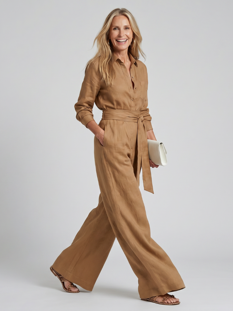 Jovie | Button Long Sleeve Wide-Leg Jumpsuit