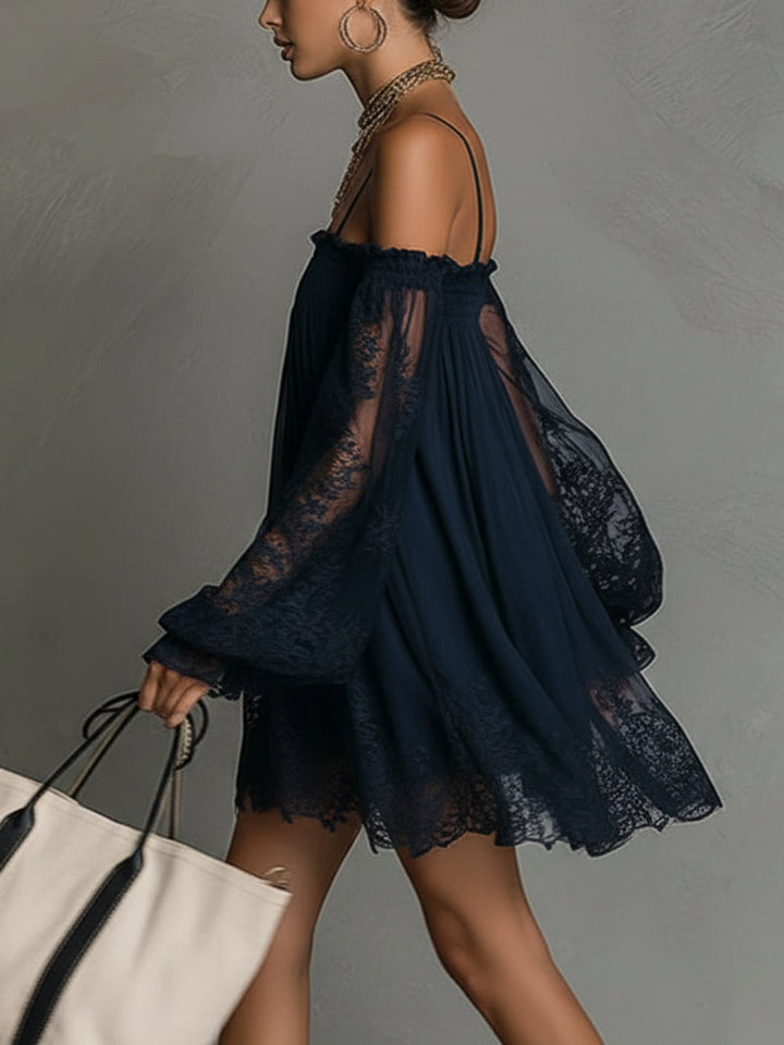 Noemi • Navy Blue Chiffon Mini Dress with Off-Shoulder Neckline, Lace Trim and Sheer Sleeves