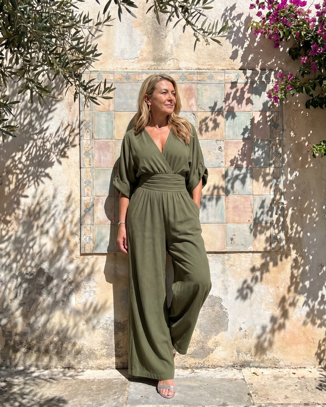 Emene | Relaxed Draped V-Neck Wide-Leg Jumpsuit