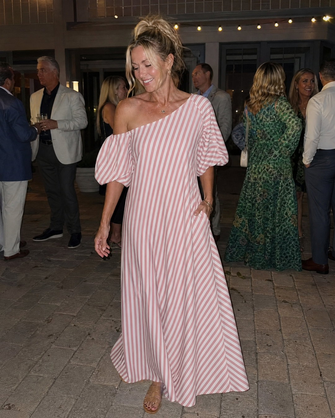 Zamrina | Striped Midi Dress with Off-Shoulder Ruffle Sleeves