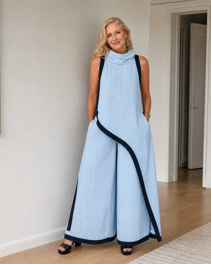 Valthera | Sleeveless Contrast-Trim Layered Top and Wide-Leg Trousers Set