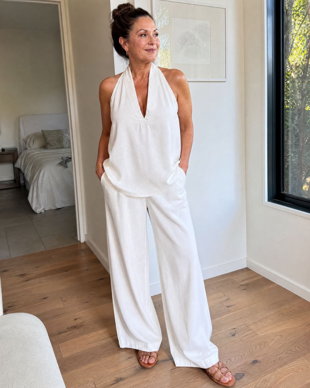 Zorelle | Denim Halter Neck Top and Wide-Leg Trousers