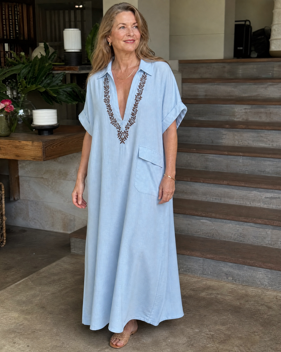 Elakeja | Relaxed Midi Dress with Pocket Detail and Embroidered V-Neck