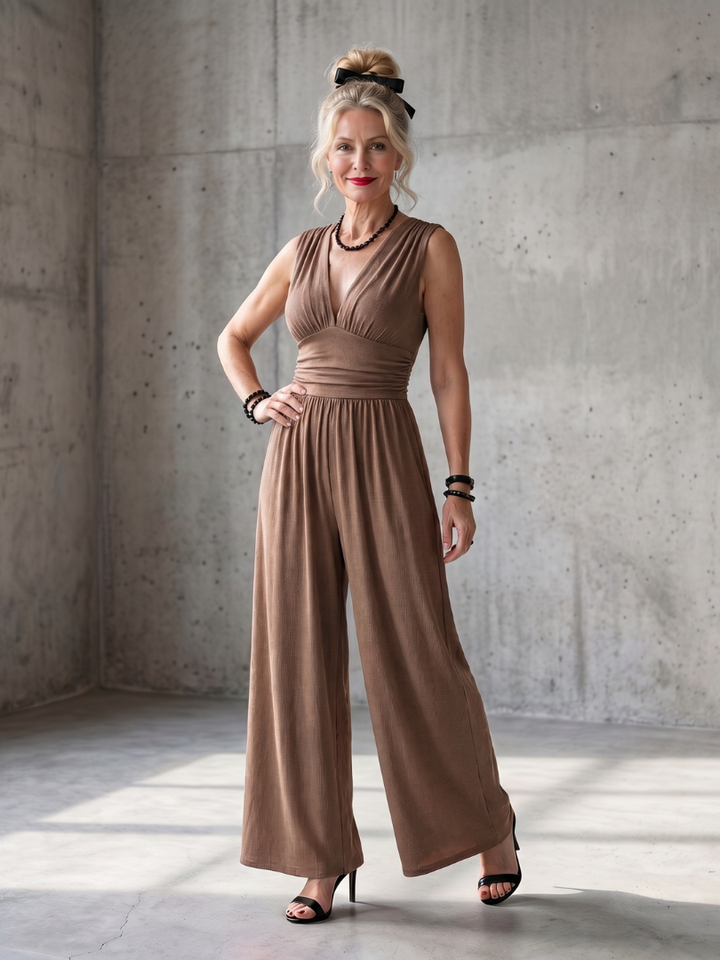 Vincenza | High Waist Deep V-Neck Wide-Leg Jumpsuit