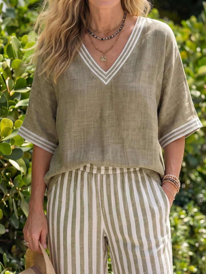 Wren | Contrast V-Neck Tunic and Striped Trousers Set