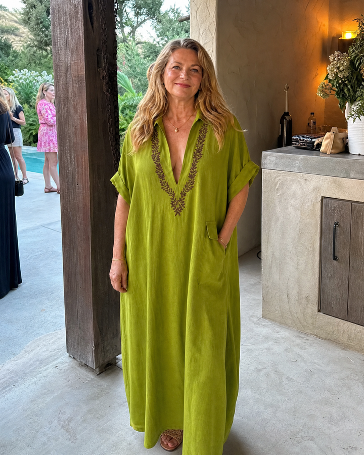 Elakeja | Relaxed Midi Dress with Pocket Detail and Embroidered V-Neck