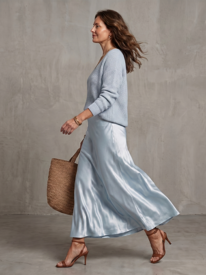 Luciana | V-Neck Sweater and Satin Bias-Cut Skirt Set