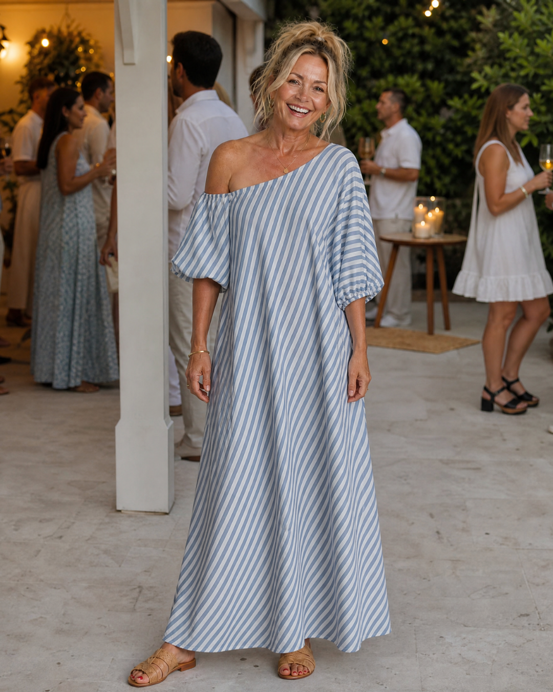 Zamrina | Striped Midi Dress with Off-Shoulder Ruffle Sleeves
