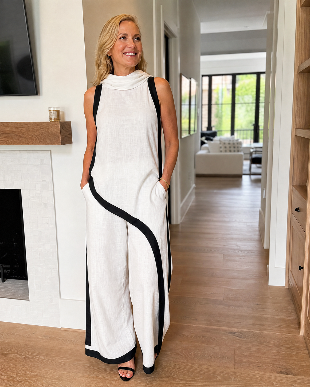 Valthera | Sleeveless Contrast-Trim Layered Top and Wide-Leg Trousers Set
