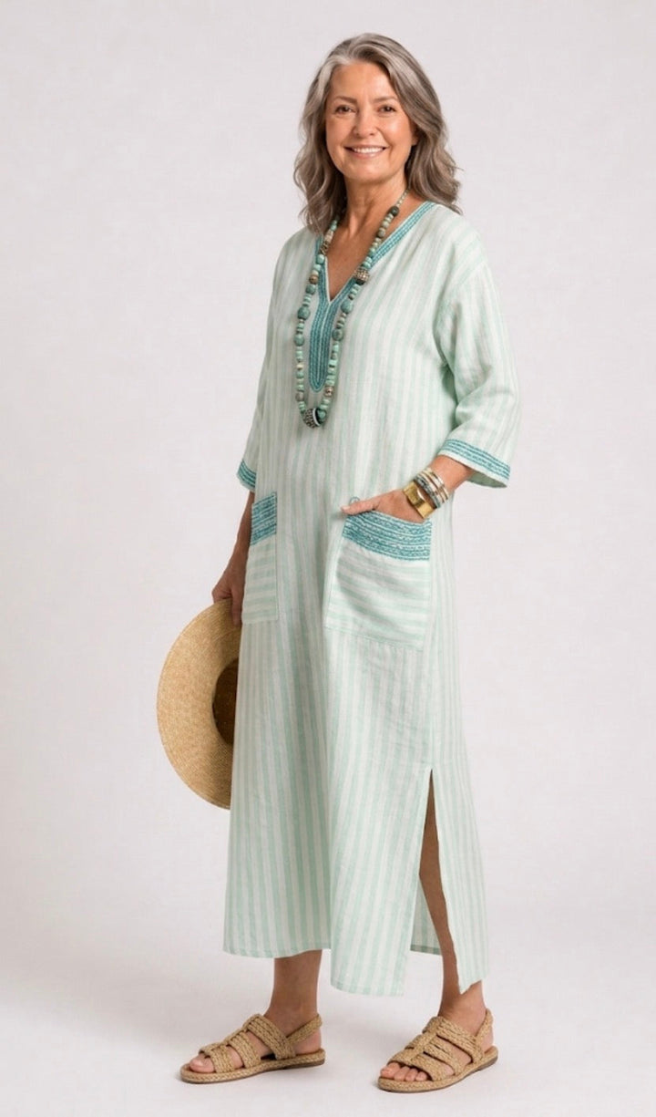Velis | Striped V-Neck Midi Dress with Pockets