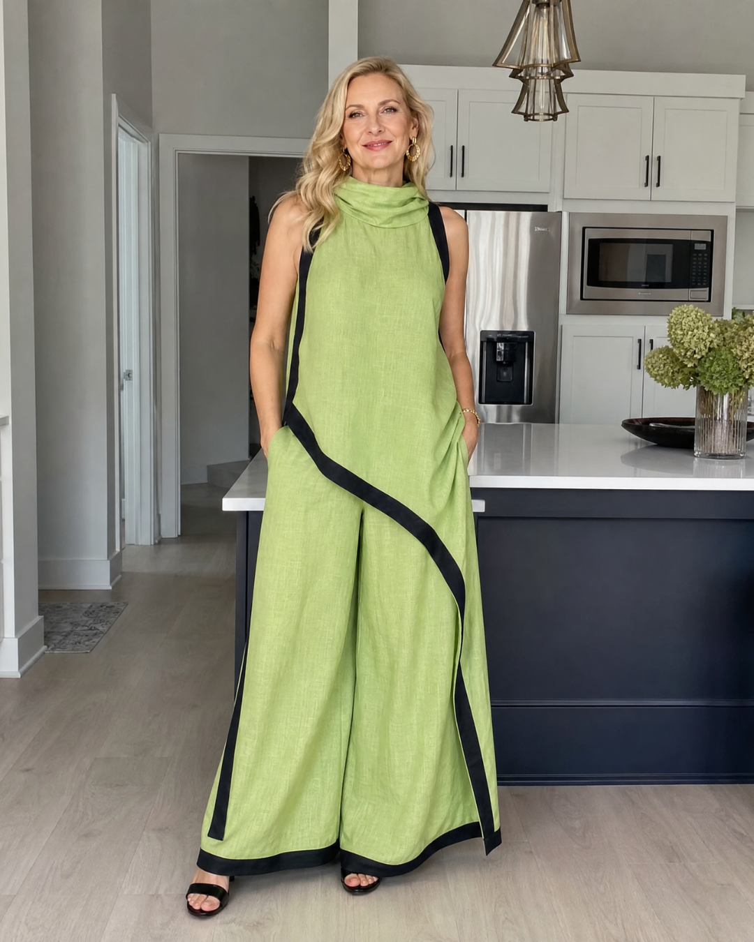 Valthera | Sleeveless Contrast-Trim Layered Top and Wide-Leg Trousers Set