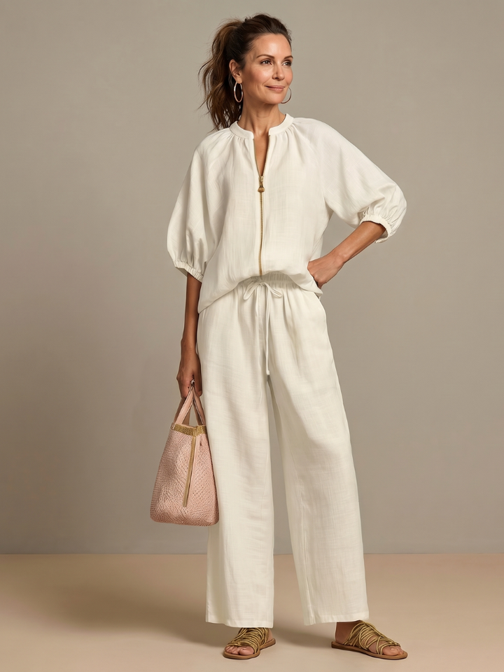 Natalia | Zip Blouson Top and Wide-Leg Trousers