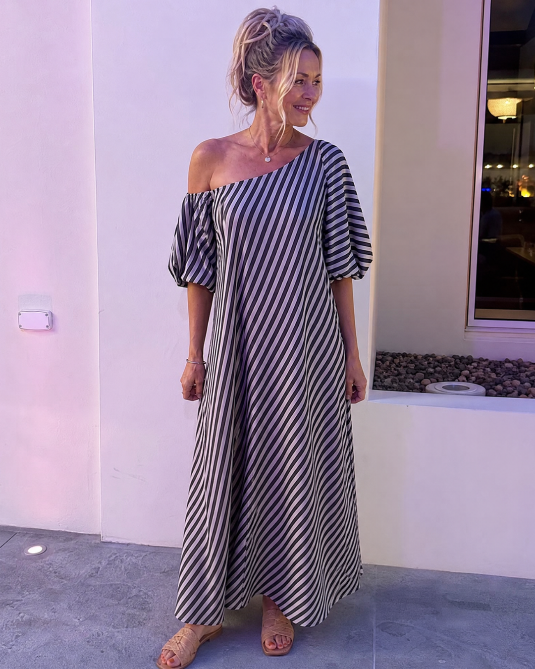 Zamrina | Striped Midi Dress with Off-Shoulder Ruffle Sleeves