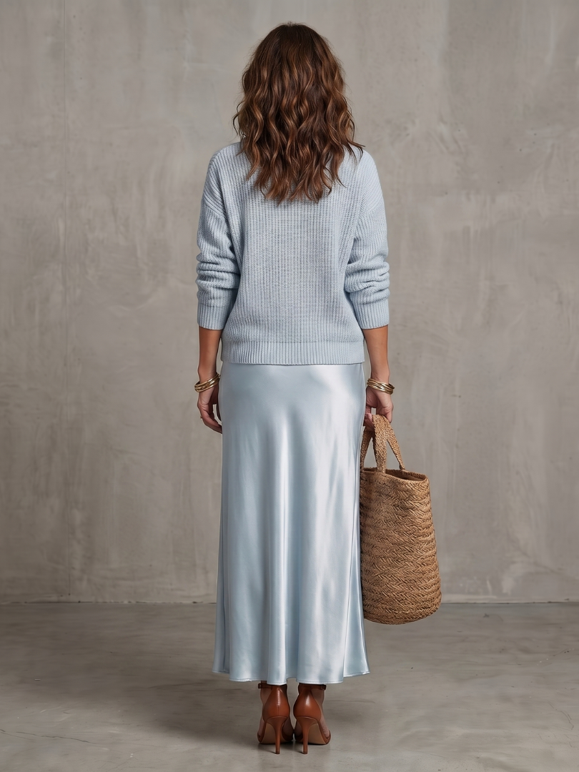 Luciana | V-Neck Sweater and Satin Bias-Cut Skirt Set