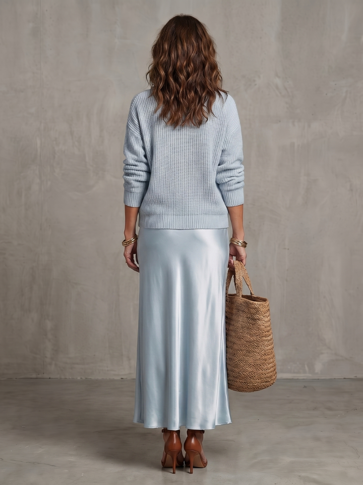 Luciana | V-Neck Sweater and Satin Bias-Cut Skirt Set