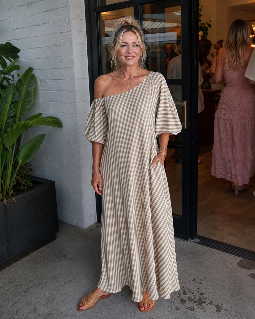 Zamrina | Striped Midi Dress with Off-Shoulder Ruffle Sleeves