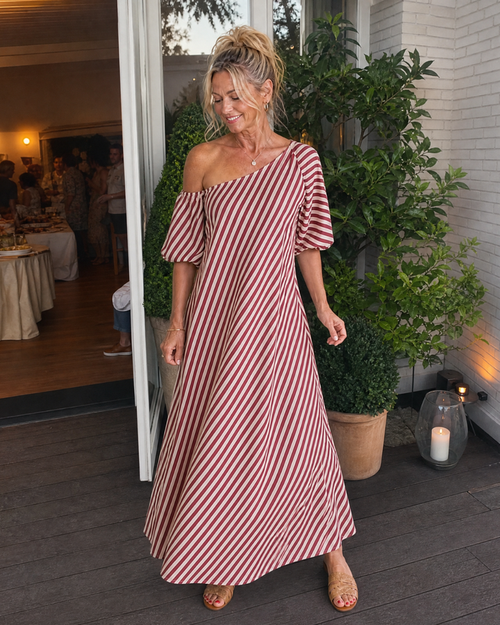 Zamrina | Striped Midi Dress with Off-Shoulder Ruffle Sleeves