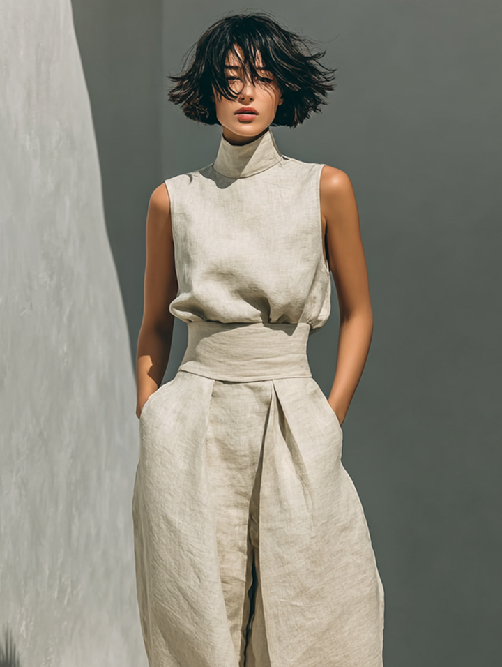 Maria - Minimalist Women's Cotton and Linen Tank Top and Wide-Leg Trousers Set