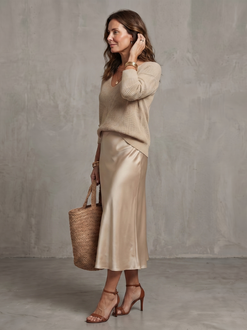 Luciana | V-Neck Sweater and Satin Bias-Cut Skirt Set