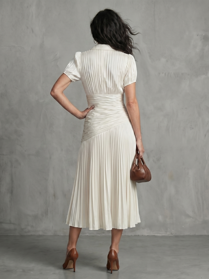 Theodora | Striped Midi Dress with Pleated Waist