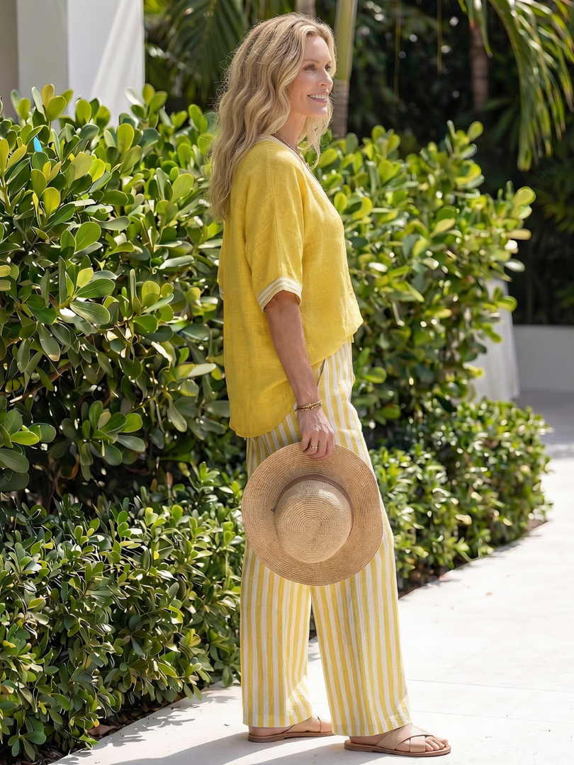 Wren | Contrast V-Neck Tunic and Striped Trousers Set
