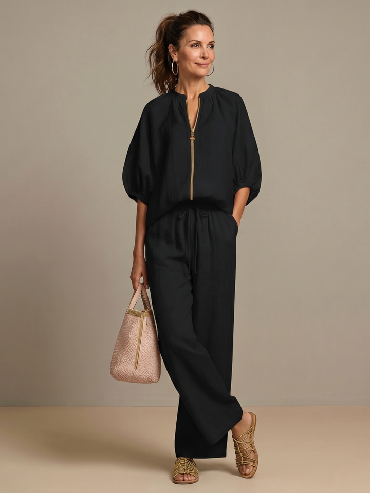 Natalia | Zip Blouson Top and Wide-Leg Trousers