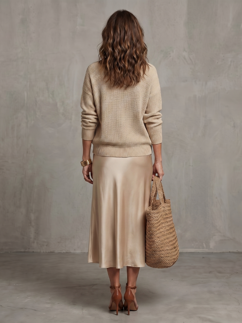 Luciana | V-Neck Sweater and Satin Bias-Cut Skirt Set