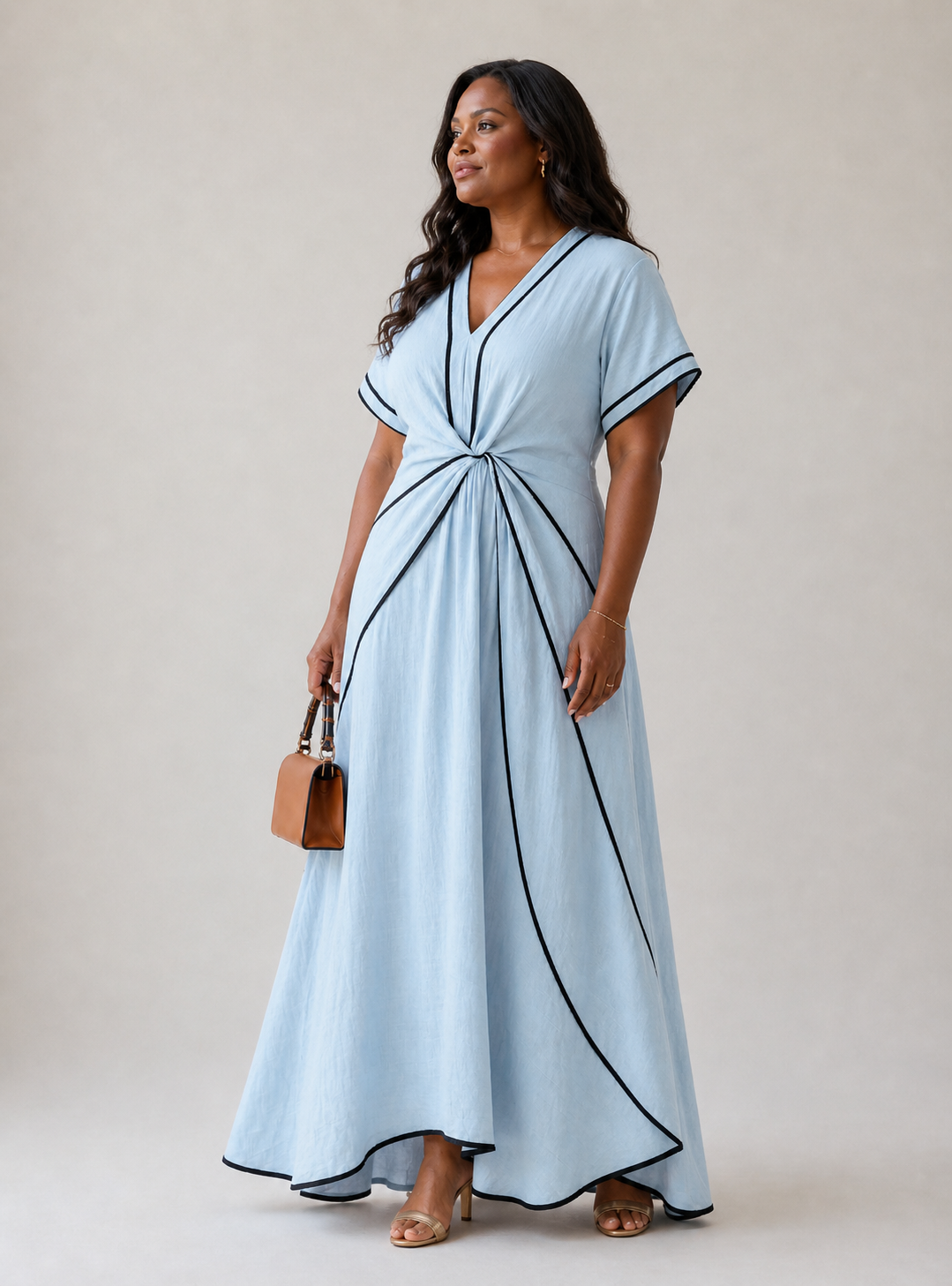 Linnea | Short Sleeve V-Neck Midi Dress with Gathered Waist