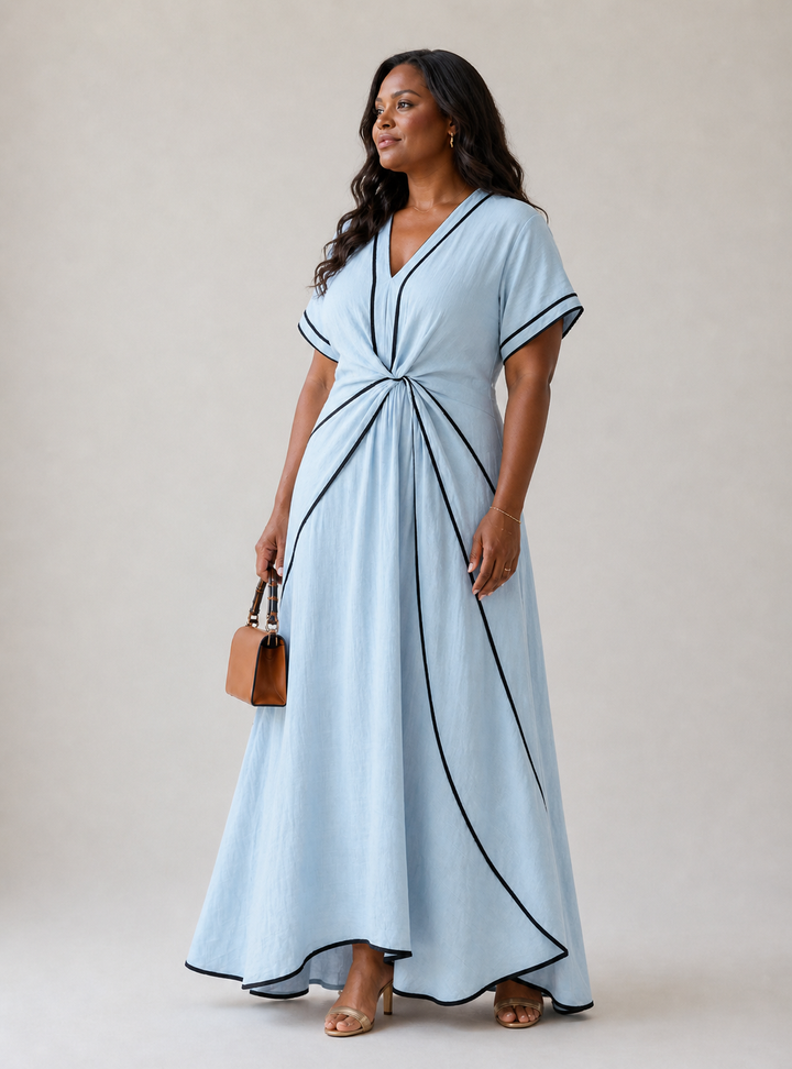 Linnea | Short Sleeve V-Neck Midi Dress with Gathered Waist