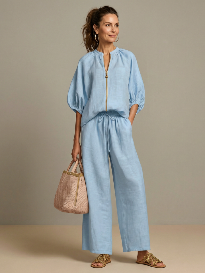 Natalia | Zip Blouson Top and Wide-Leg Trousers