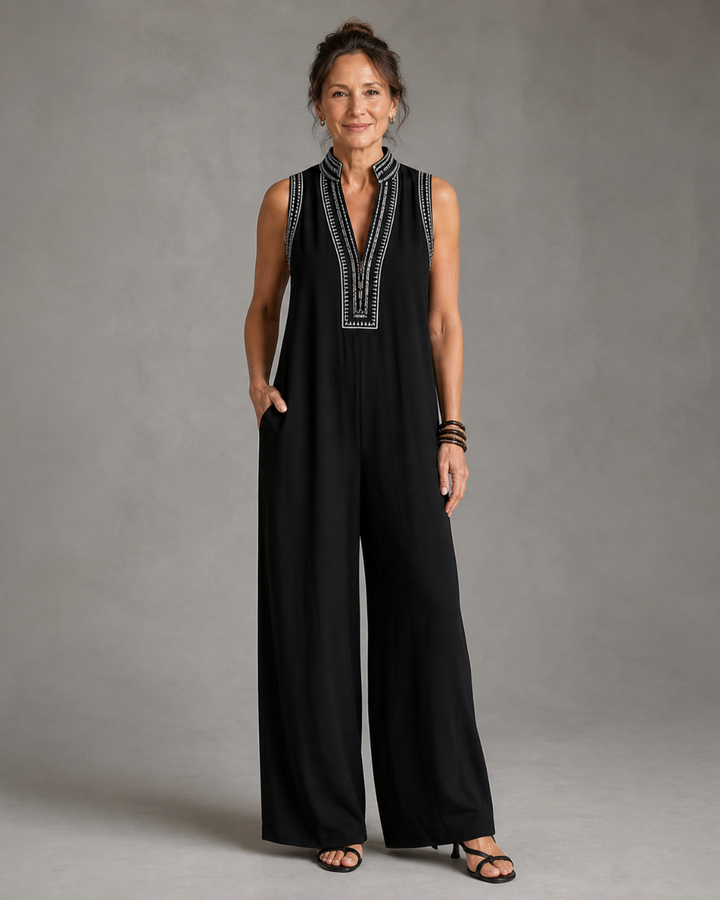 Velmira | Sleeveless Embroidered V-Neck Wide-Leg Jumpsuit