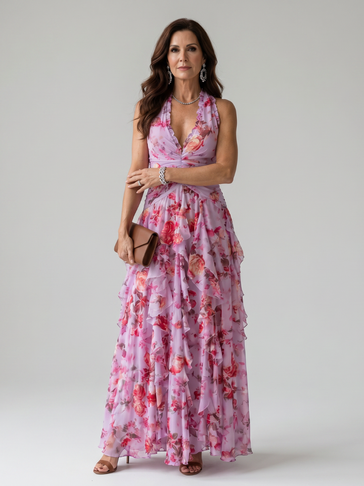 Nori | Floral Maxi Dress with Gathered Bodice and Halter Neck