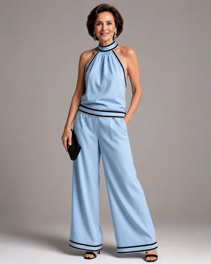 Zephyrine | Halter Neck Wide-Leg Jumpsuit with Contrast Details