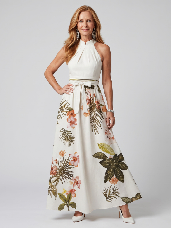 Meadow | Maxi Dress with Botanical Panel and Halter Neck