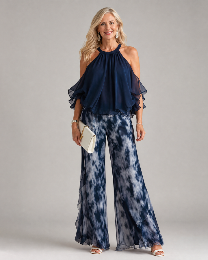 Xylara | Layered Halter Neck Top and Printed Wide Trousers Set