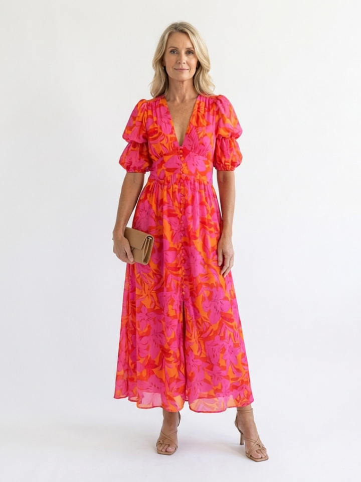 Stella & Grace™ | Viscose Balloon-Sleeve Floral Print Midi Dress